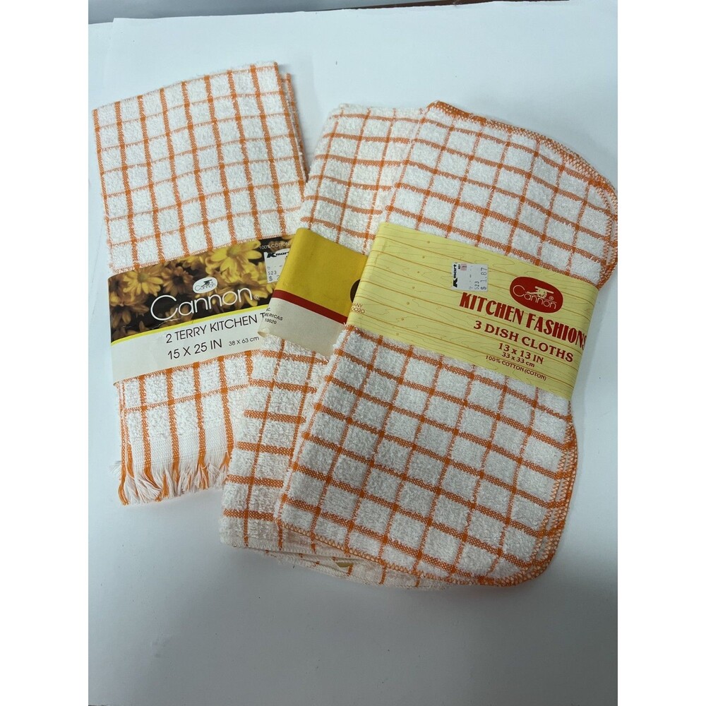 VTG Cannon Terry Kitchen Dish Towels Set Orange & White USA Made NIP NOS
